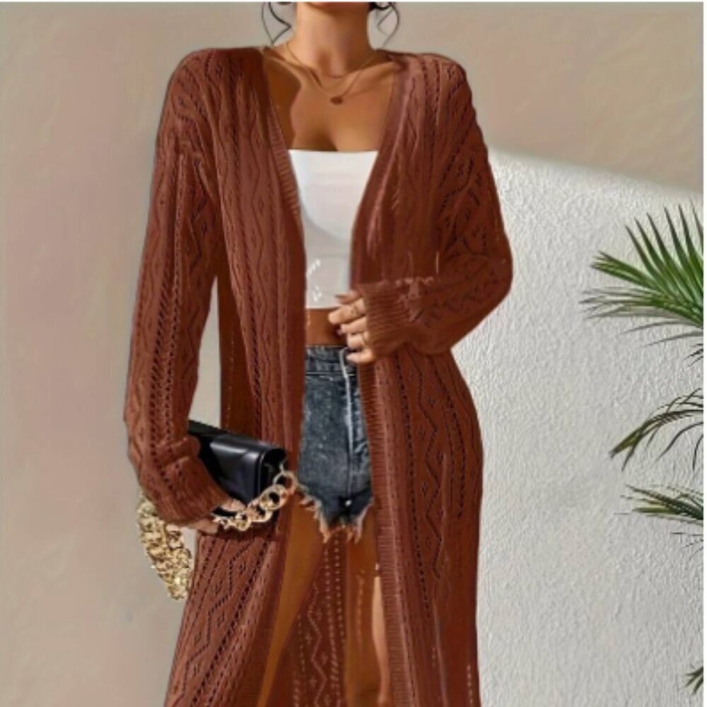 V-Neck Crochet Cardigan – Geometric Pattern, Rust, Size Medium